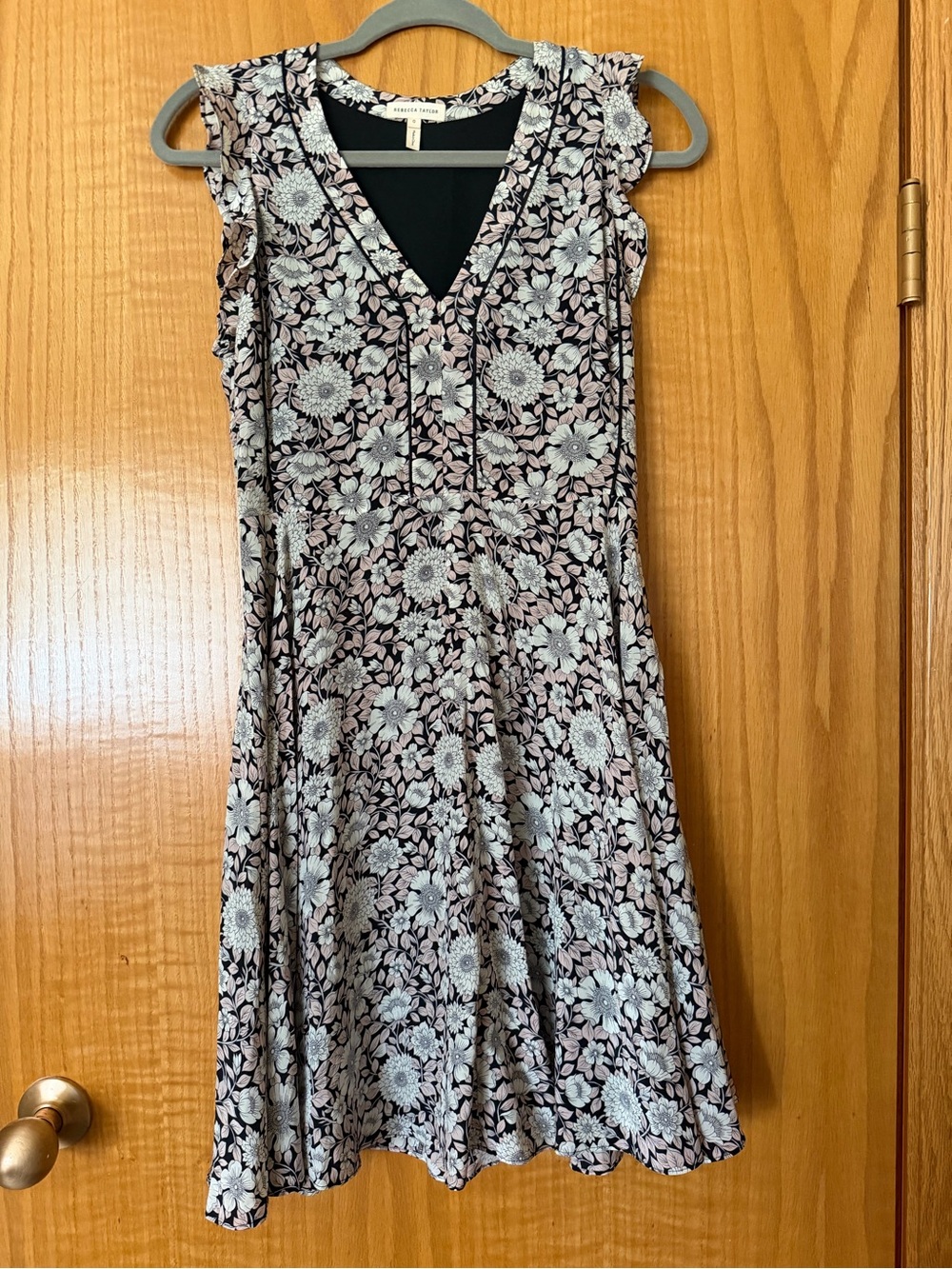 Rebecca Taylor Black and Light Pink Floral V-Neck Dress